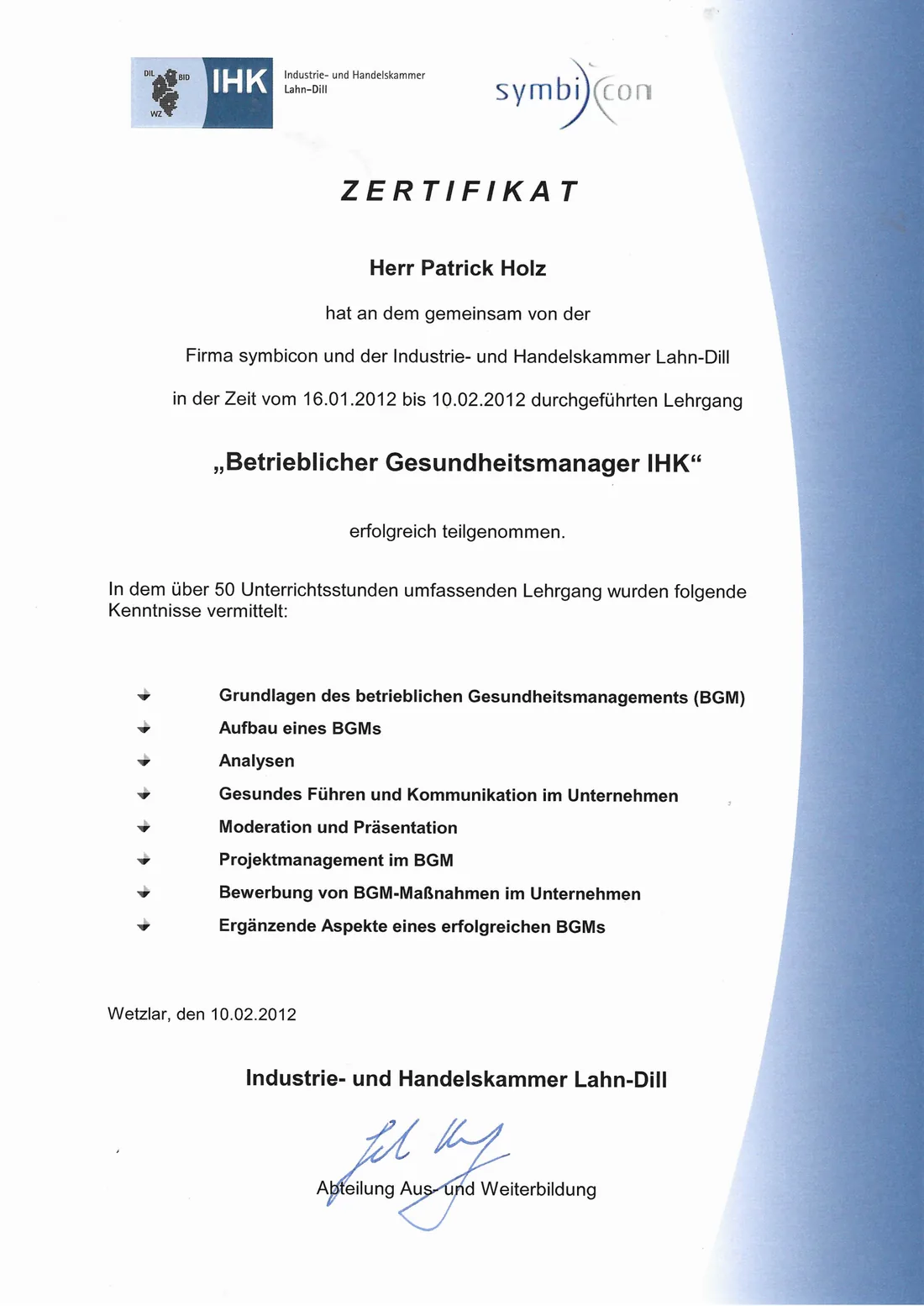 Zertifikat der IHK Lahn-Dill: Betrieblicher Gesundheitsmanager