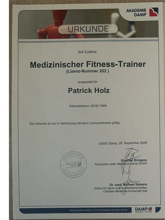 Urkunde der Akademie Damp: Lizenz Medizinischer Fitness-Trainer