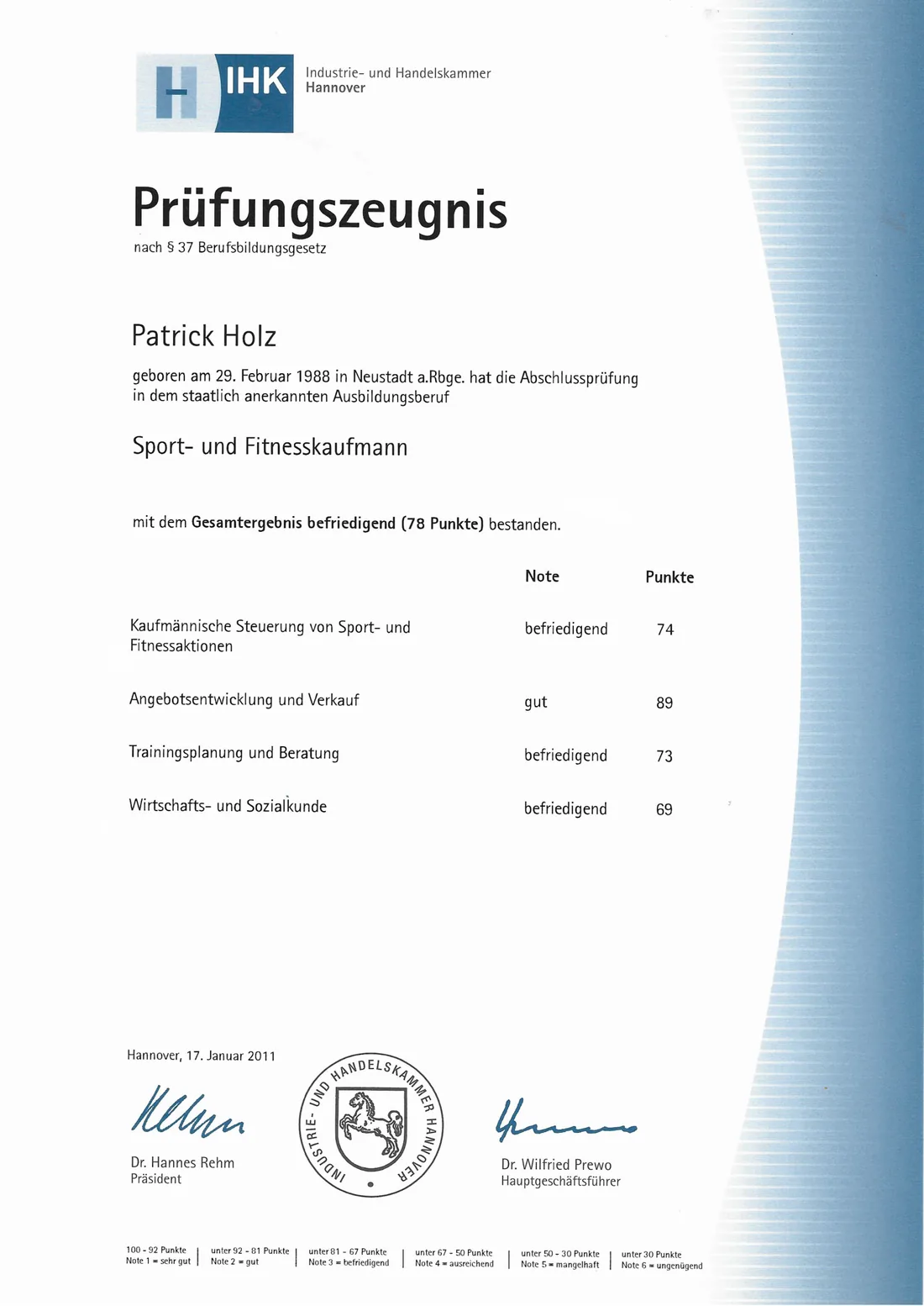 Prüfungszeugnis der IHK Hannover: Patrick Holz, Sport- und Fitnesskaufmann